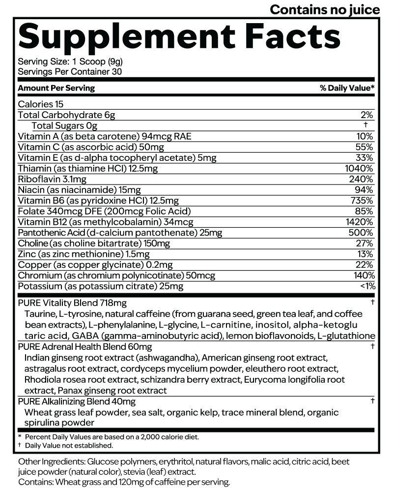 Focus + Energy Tub, Island Splash Supplement Facts label