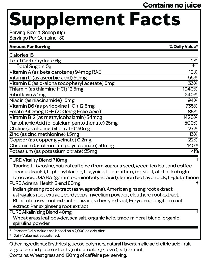 Focus + Energy Tub, Mixed Berry Supplement Facts label