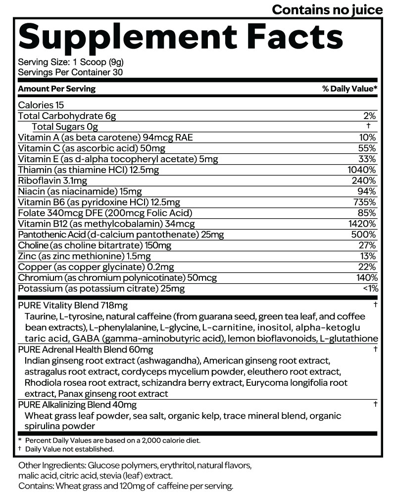 Focus + Energy Tub, Lemon Supplement Facts label