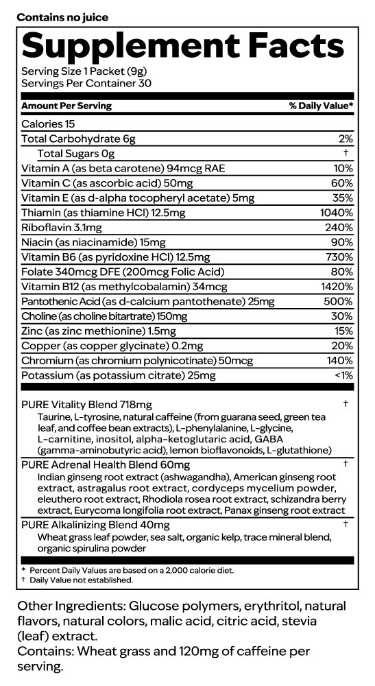 Focus + Energy Sticks, Variety Supplement Facts label